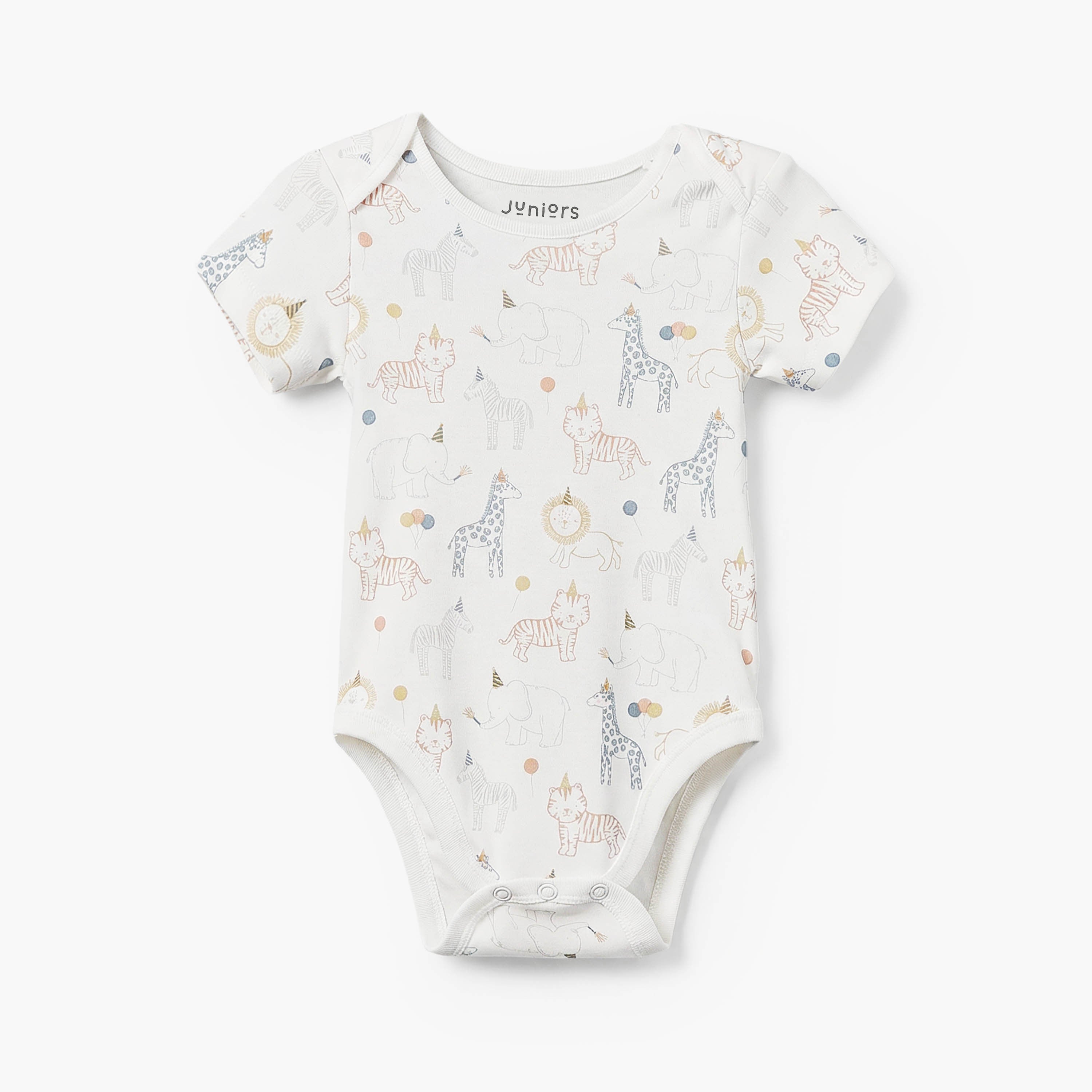 Juniors Cotton Round Neck Short Sleeves Bodysuit with Safari Print - White / 12-18 mths