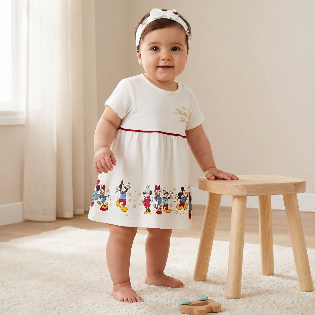 Disney Round Neck Short Sleeve Dress with Hairband - White / 12-18 mths