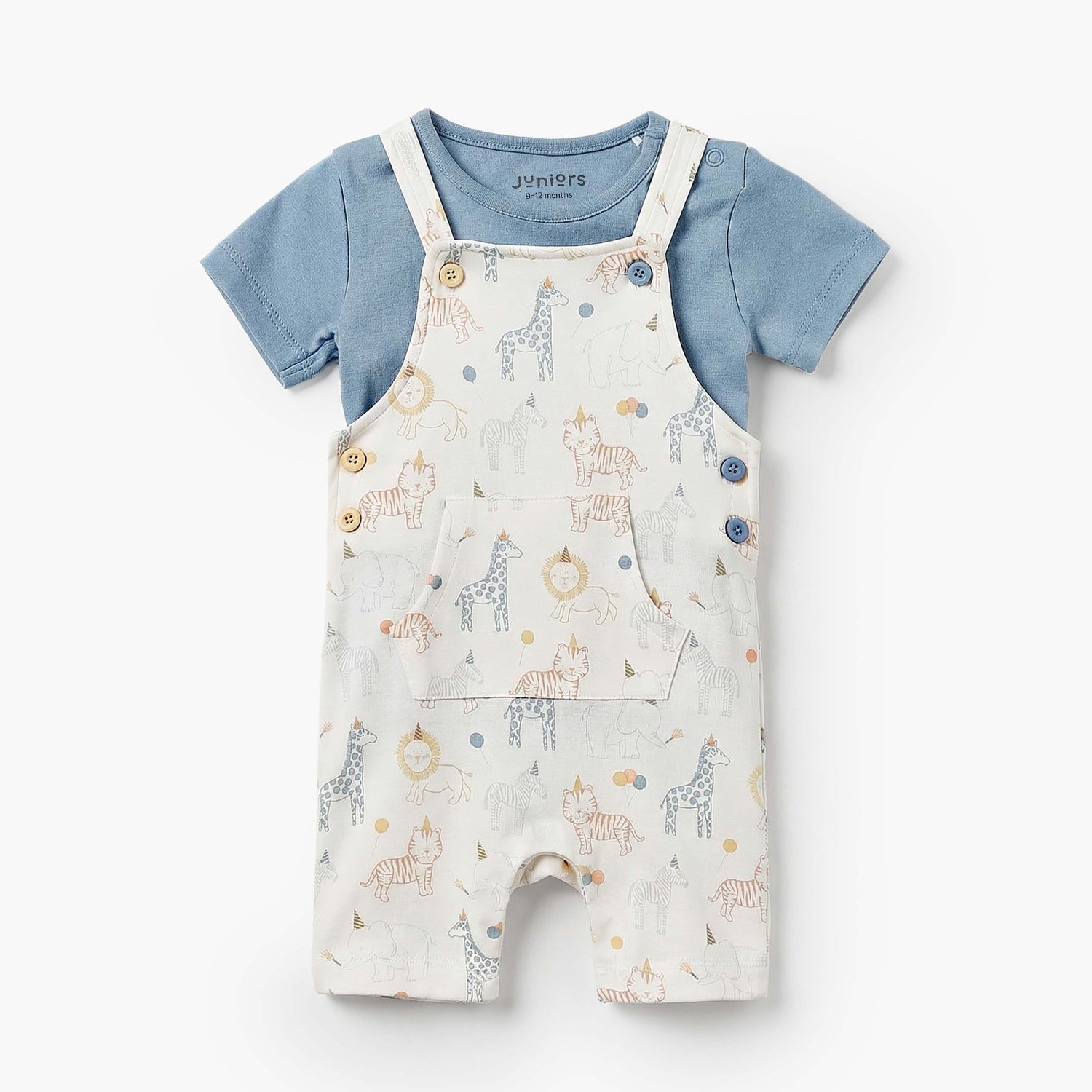Juniors Crew Neck Short Sleeves T-shirt and Dungaree Set with Safari Print - Multicolour / 12-18 mths