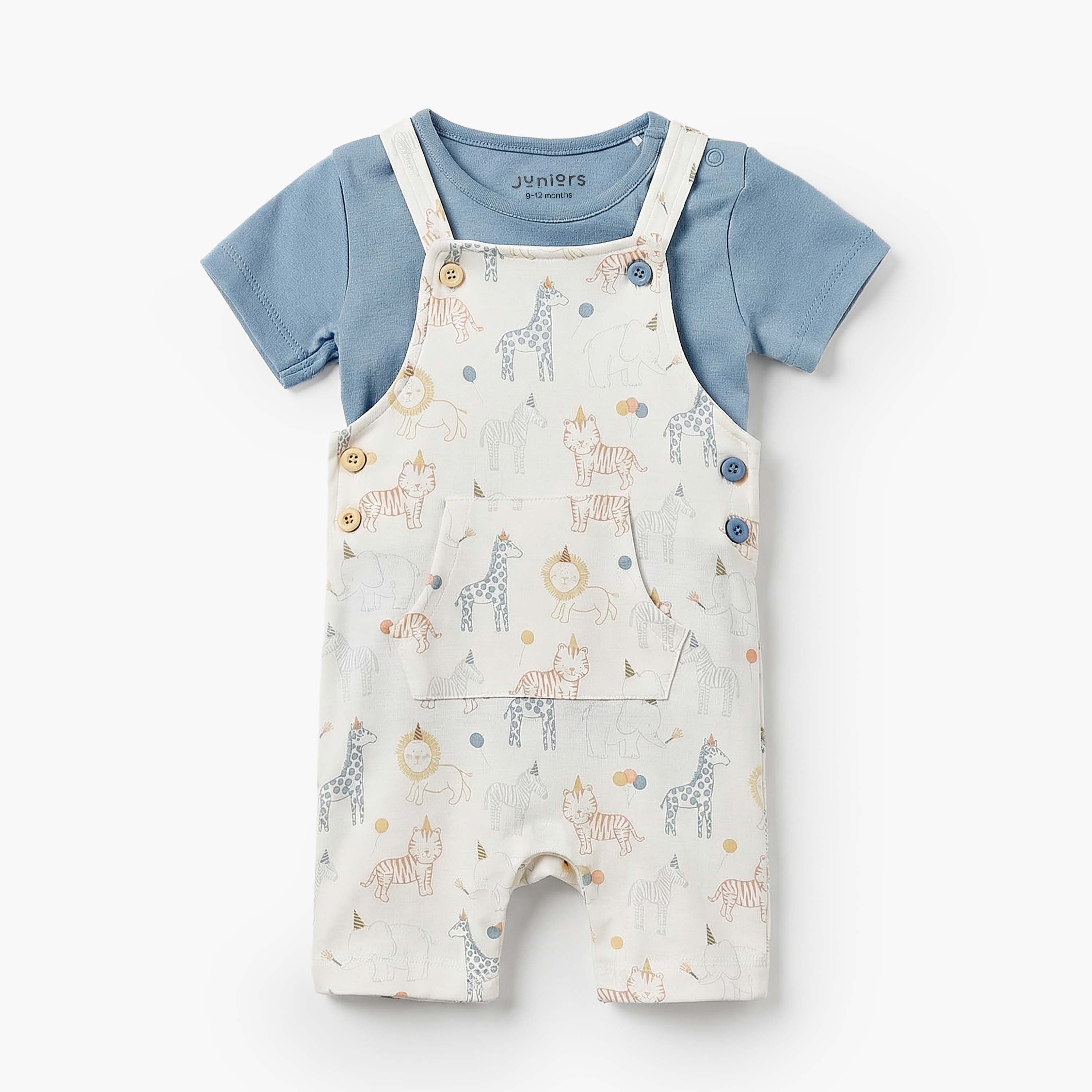 Juniors Crew Neck Short Sleeves T-shirt and Dungaree Set with Safari Print - Multicolour / 12-18 mths
