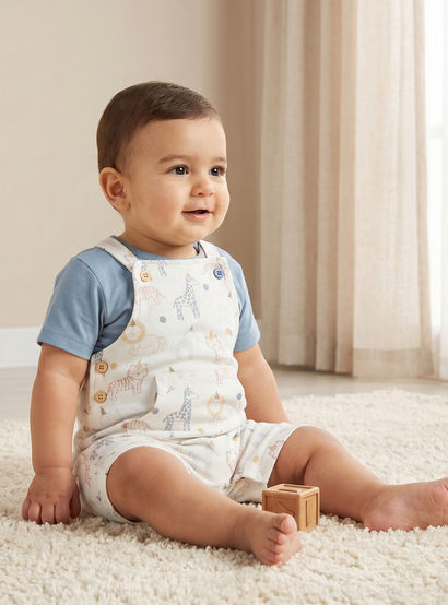 Juniors Crew Neck Short Sleeves T-shirt and Dungaree Set with Safari Print-baby-boys-clothing-setsandcoords-image-1