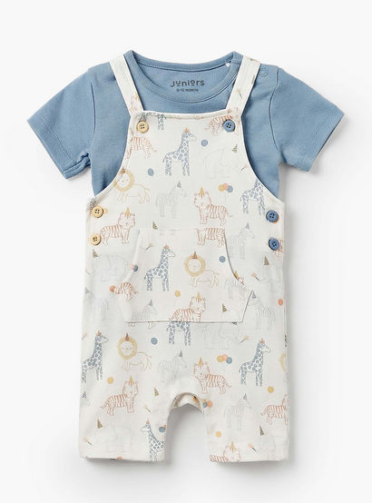 Juniors Crew Neck Short Sleeves T-shirt and Dungaree Set with Safari Print-baby-boys-clothing-setsandcoords-image-2
