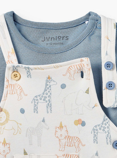 Juniors Crew Neck Short Sleeves T-shirt and Dungaree Set with Safari Print-baby-boys-clothing-setsandcoords-image-5