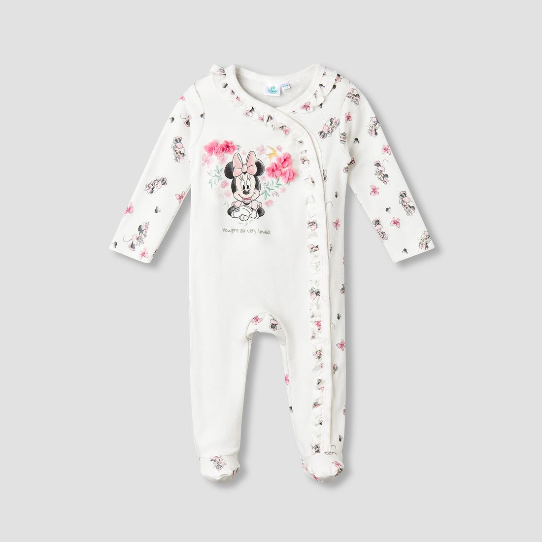 Disney Cotton Round Neck Long Sleeves Sleepsuit with Minnie Mouse Print - White / 9-12 mths