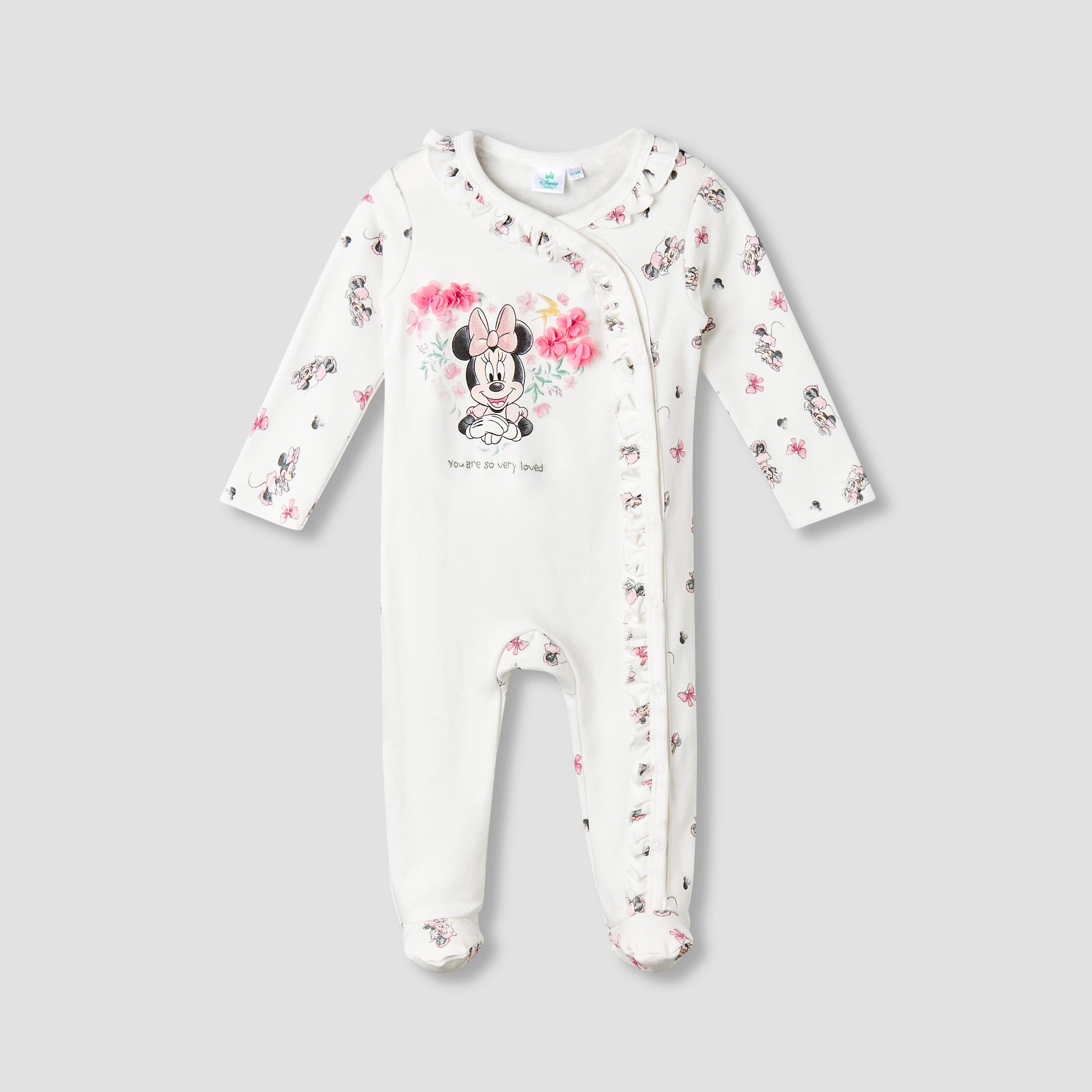 Disney Cotton Round Neck Long Sleeves Sleepsuit with Minnie Mouse Print - White / 9-12 mths