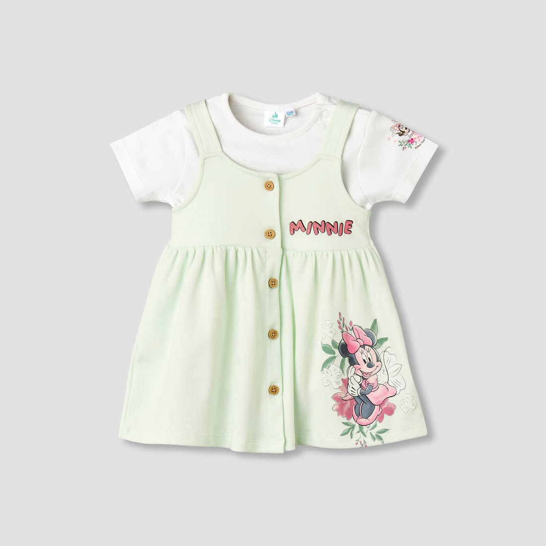 Disney Crew Neck Short Sleeves T-shirt and Dungaree Dress Set with Minnie Mouse Print - Green / 12-18 mths