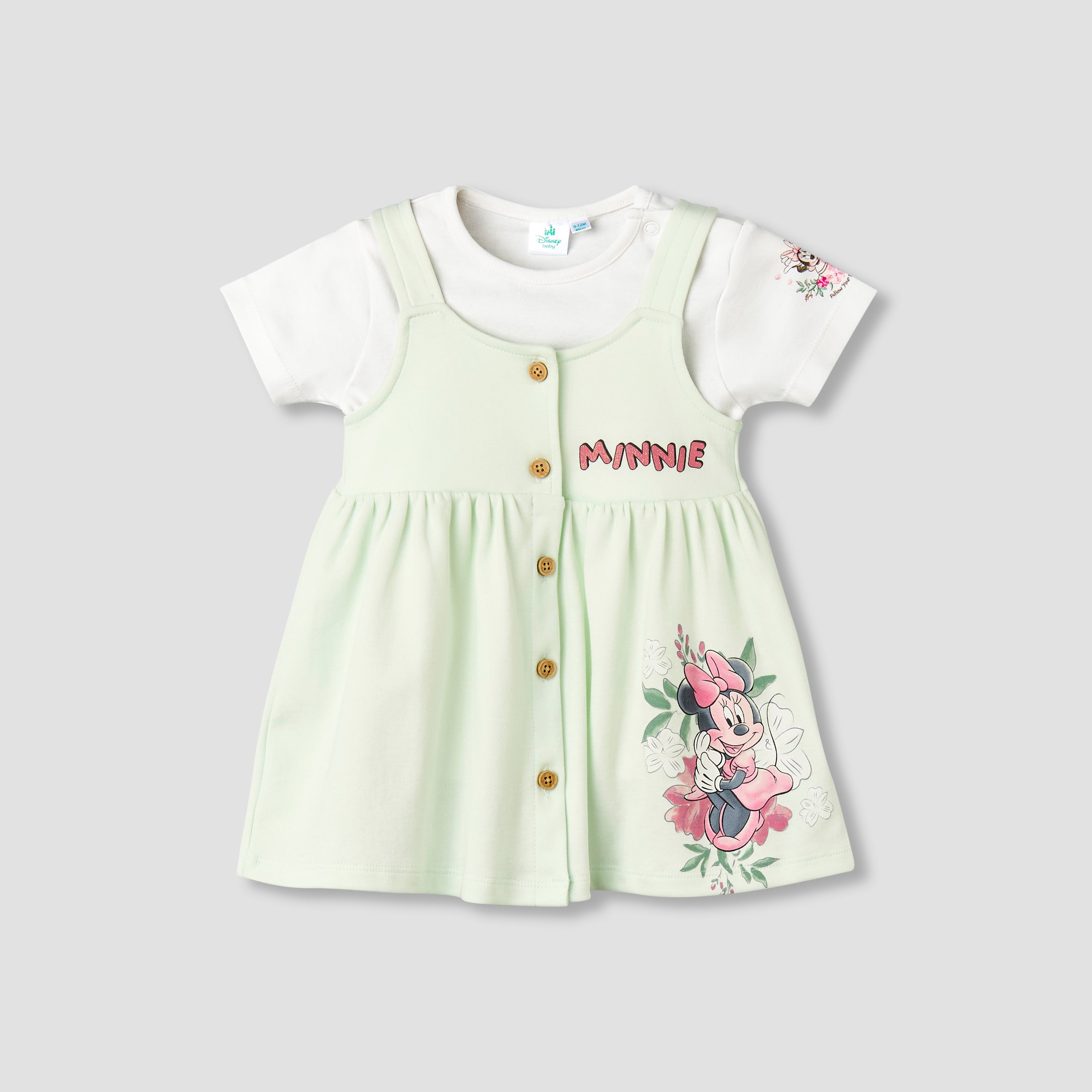 Disney Crew Neck Short Sleeves T-shirt and Dungaree Dress Set with Minnie Mouse Print - Green / 12-18 mths