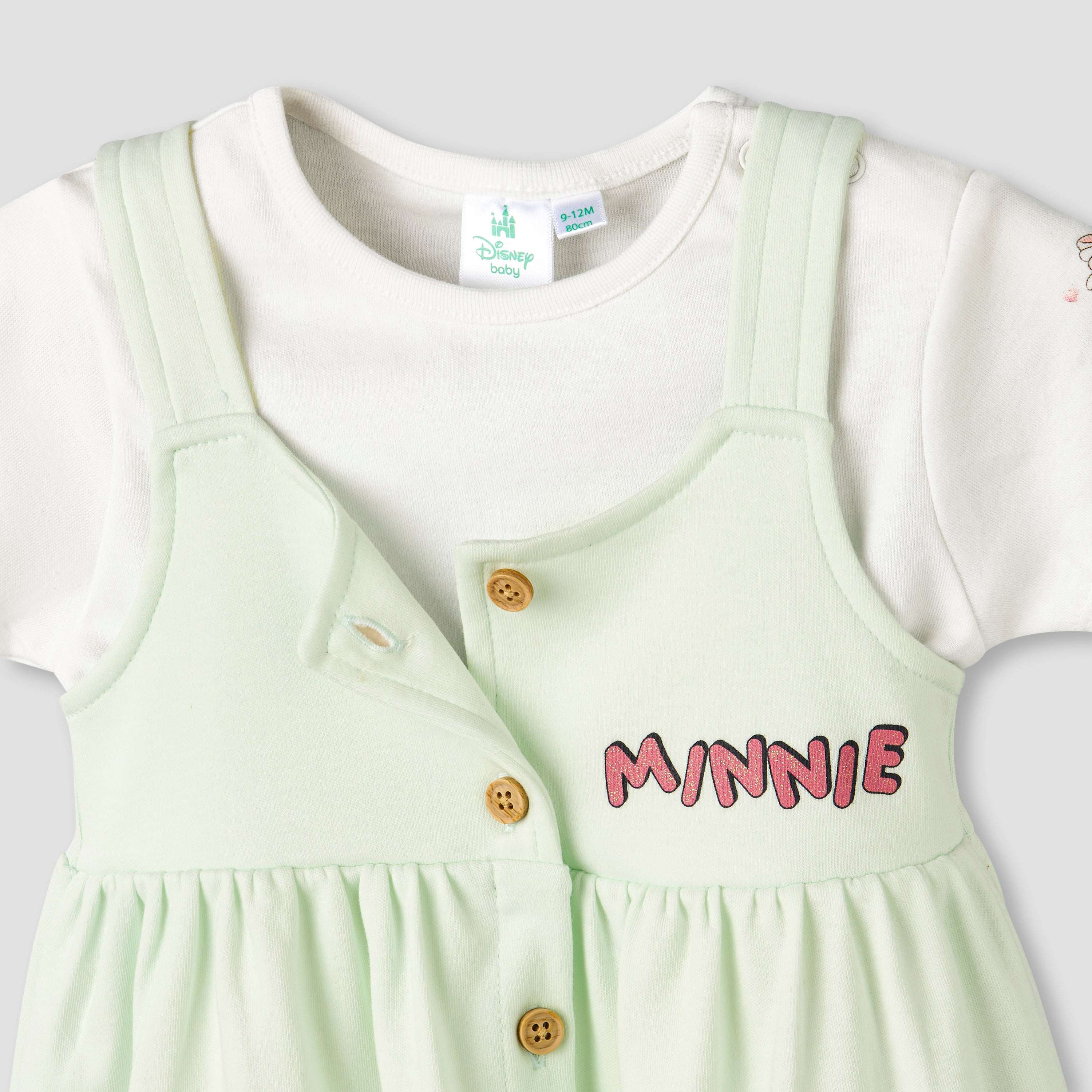 Disney Crew Neck Short Sleeves T-shirt and Dungaree Dress Set with Minnie Mouse Print