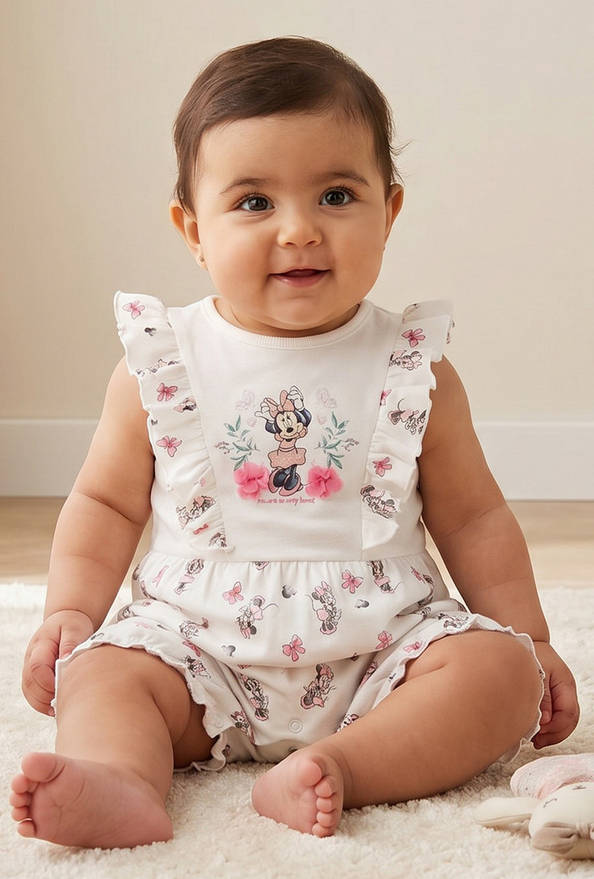 Disney Round Neck Sleeveless Romper with Minnie Mouse Print