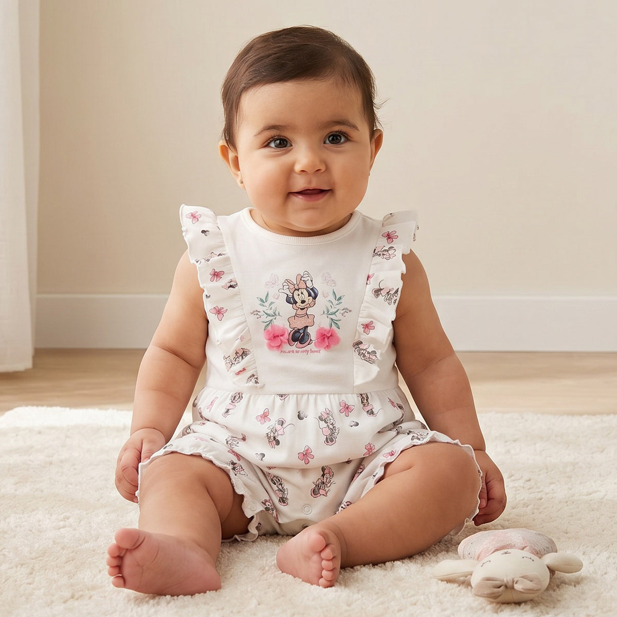 Disney Round Neck Sleeveless Romper with Minnie Mouse Print