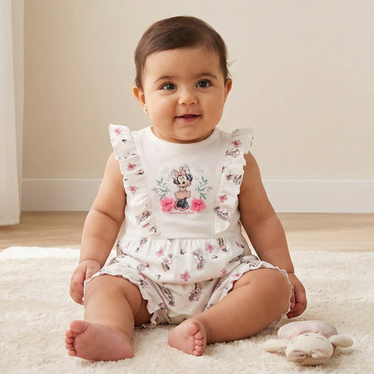 Disney Round Neck Sleeveless Romper with Minnie Mouse Print