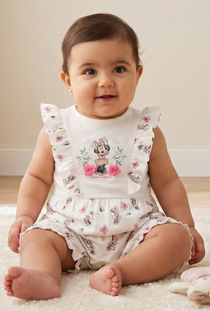 Disney Round Neck Sleeveless Romper with Minnie Mouse Print
