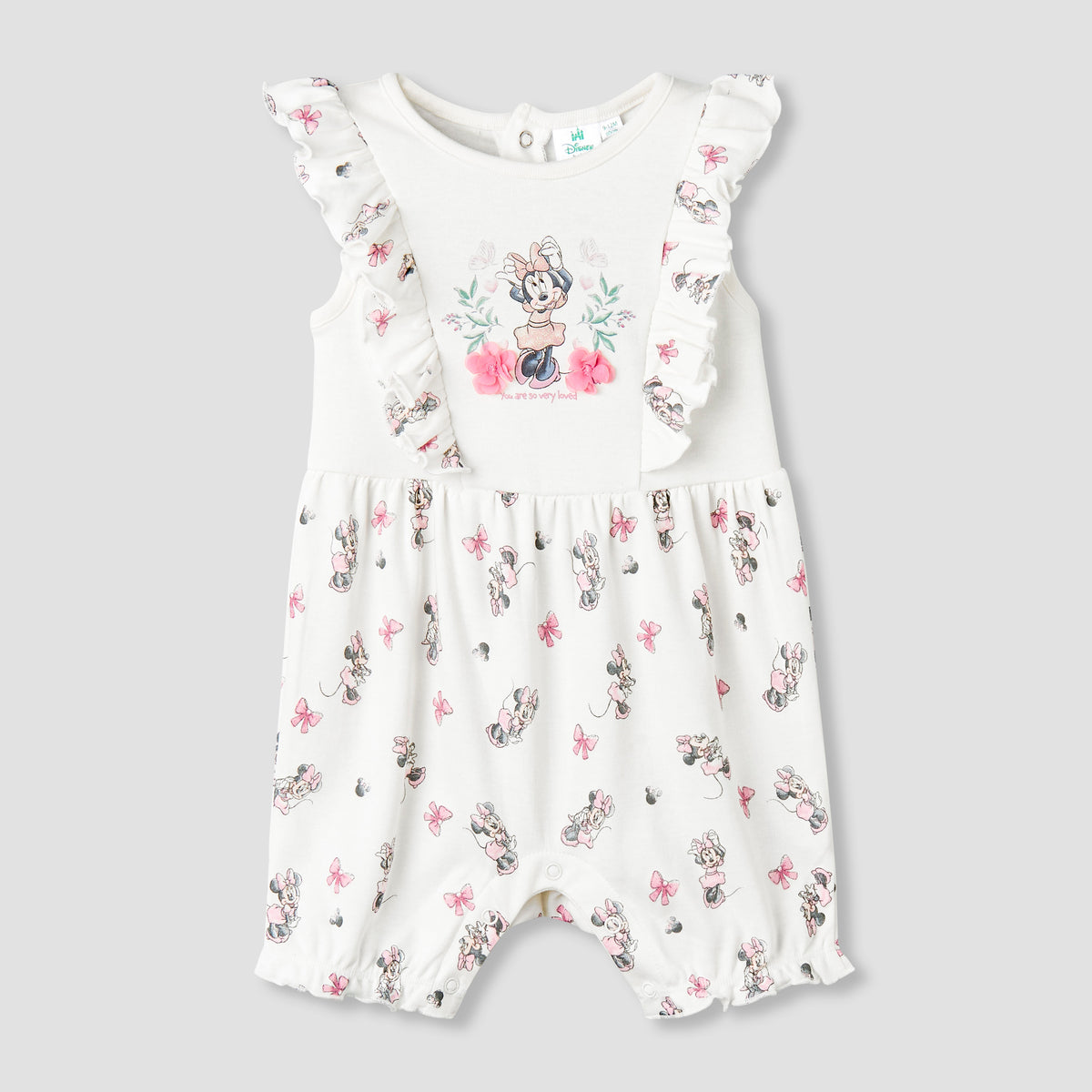 Disney Round Neck Sleeveless Romper with Minnie Mouse Print