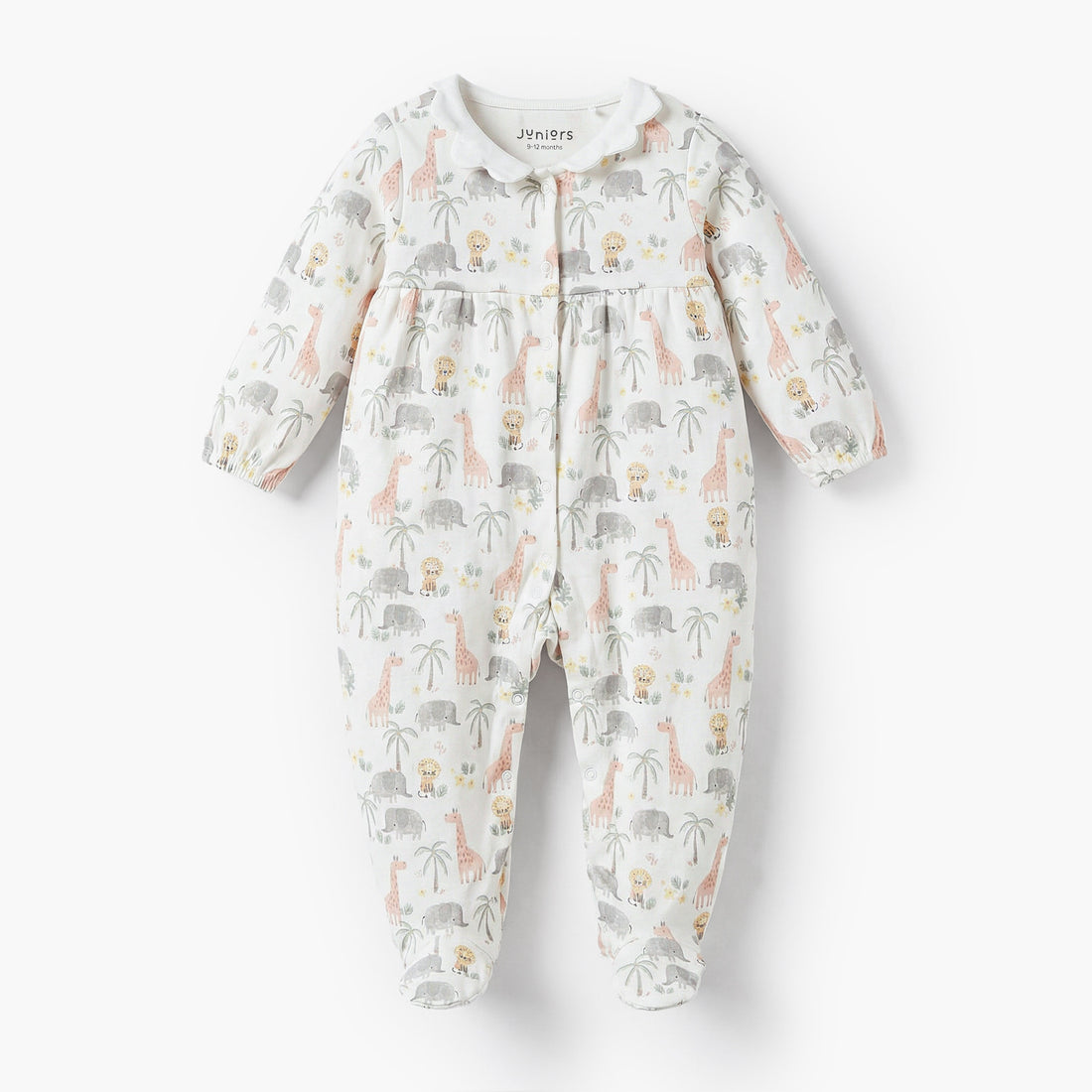 Juniors Cotton Peter Pan Collar Long Sleeves Sleepsuit with Safari Print - White / 9-12 mths