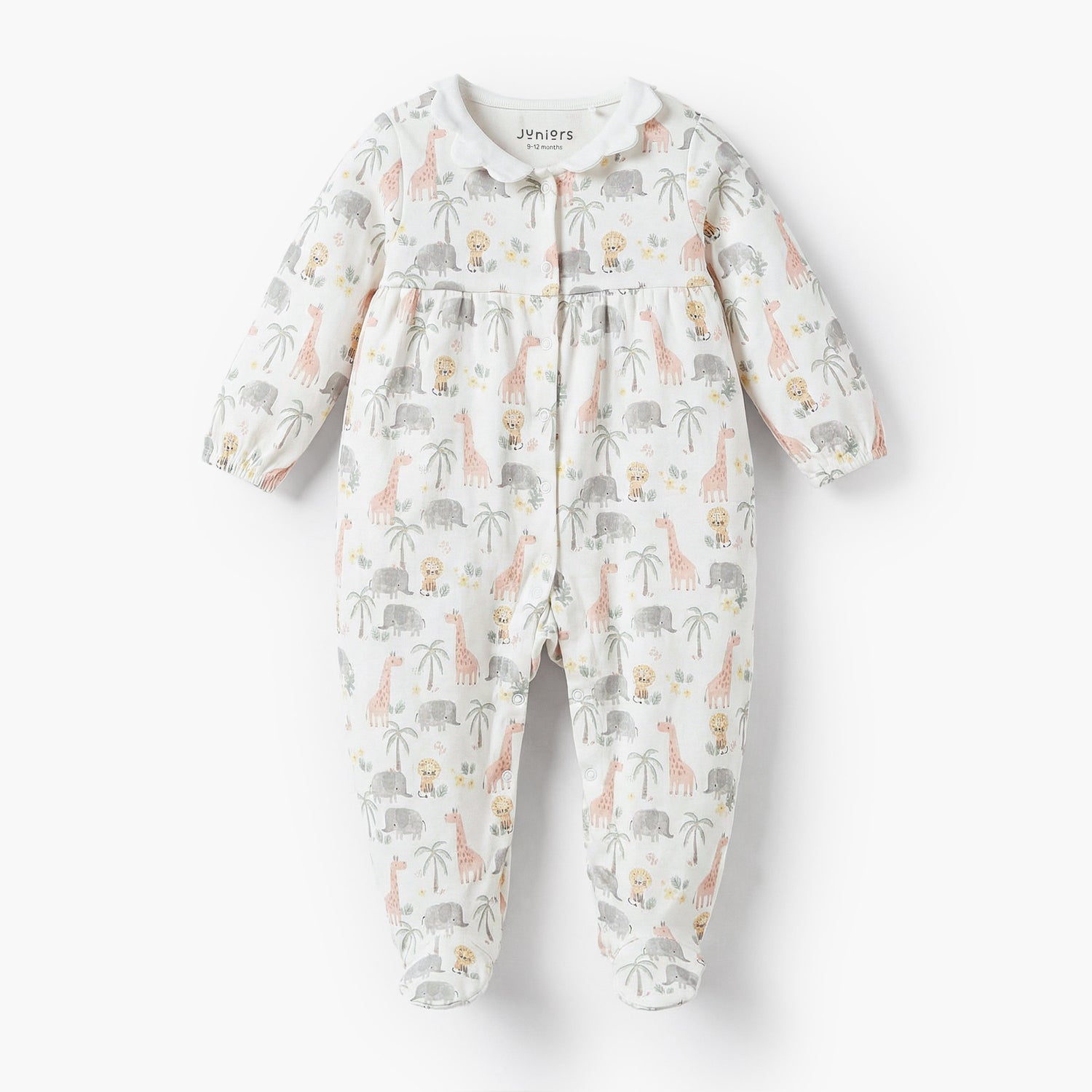 Juniors Cotton Peter Pan Collar Long Sleeves Sleepsuit with Safari Print - White / 9-12 mths