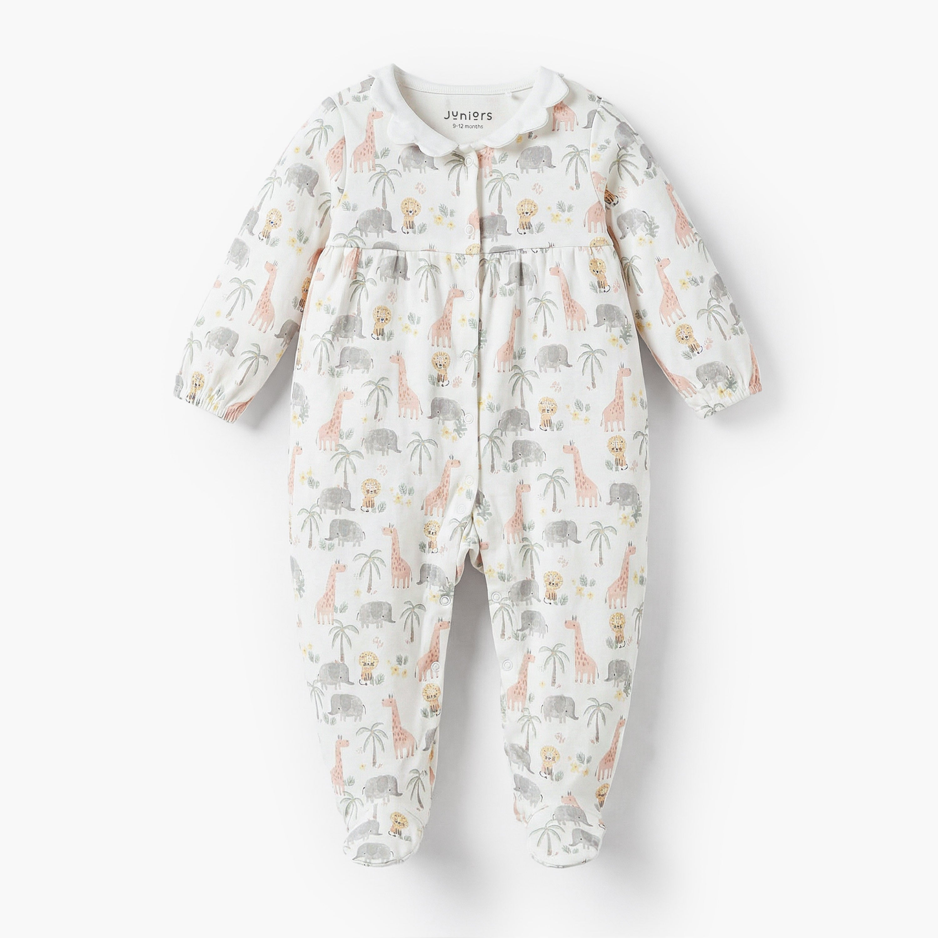 Juniors Cotton Peter Pan Collar Long Sleeves Sleepsuit with Safari Print - White / 9-12 mths