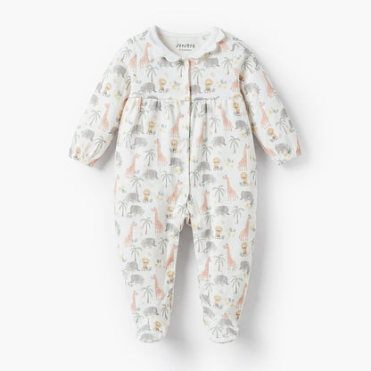 Juniors Cotton Peter Pan Collar Long Sleeves Sleepsuit with Safari Print - White / 9-12 mths