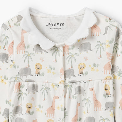 Juniors Cotton Peter Pan Collar Long Sleeves Sleepsuit with Safari Print