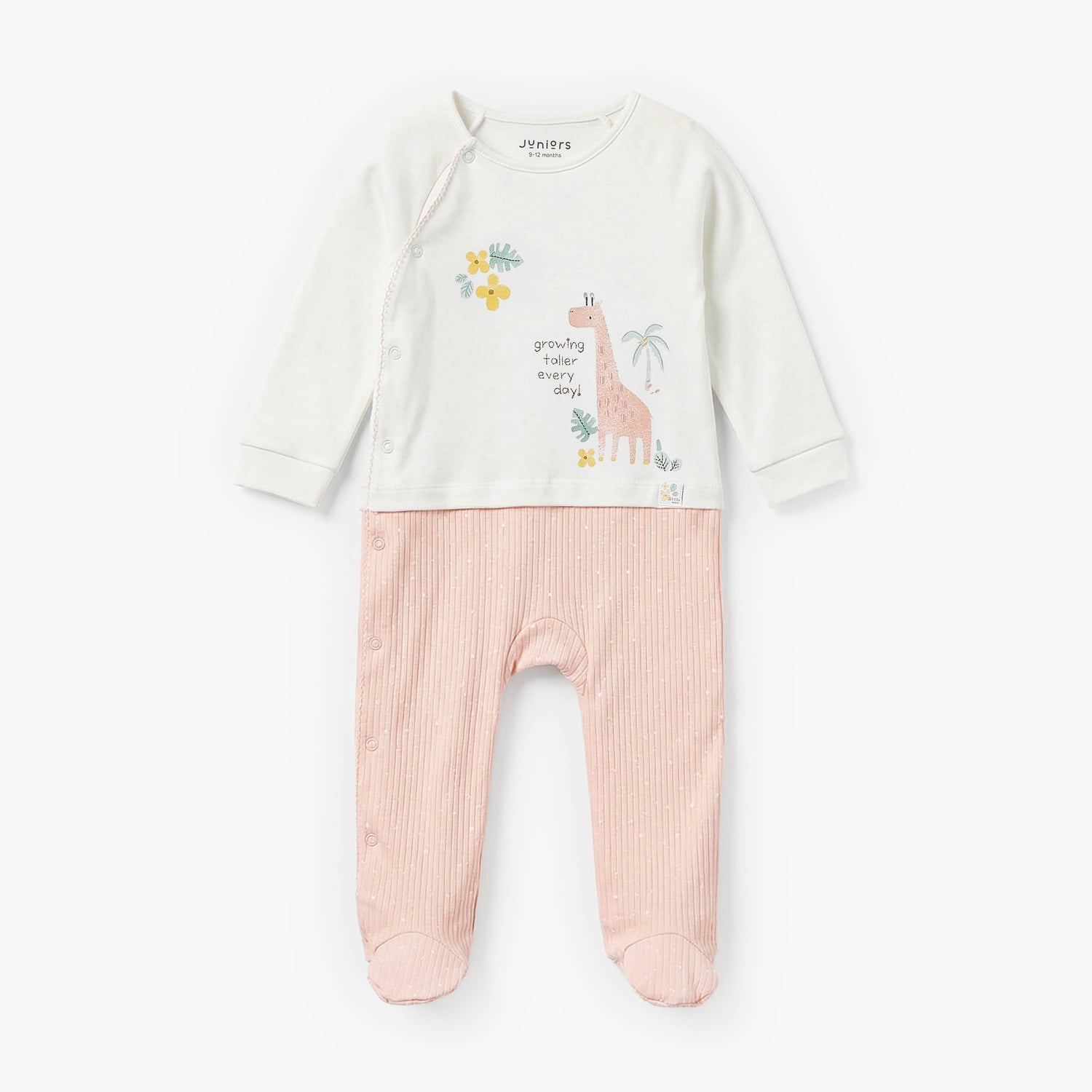 Juniors Cotton Round Neck Long Sleeves Sleepsuit with Giraffe Embroidery - Peach / 9-12 mths