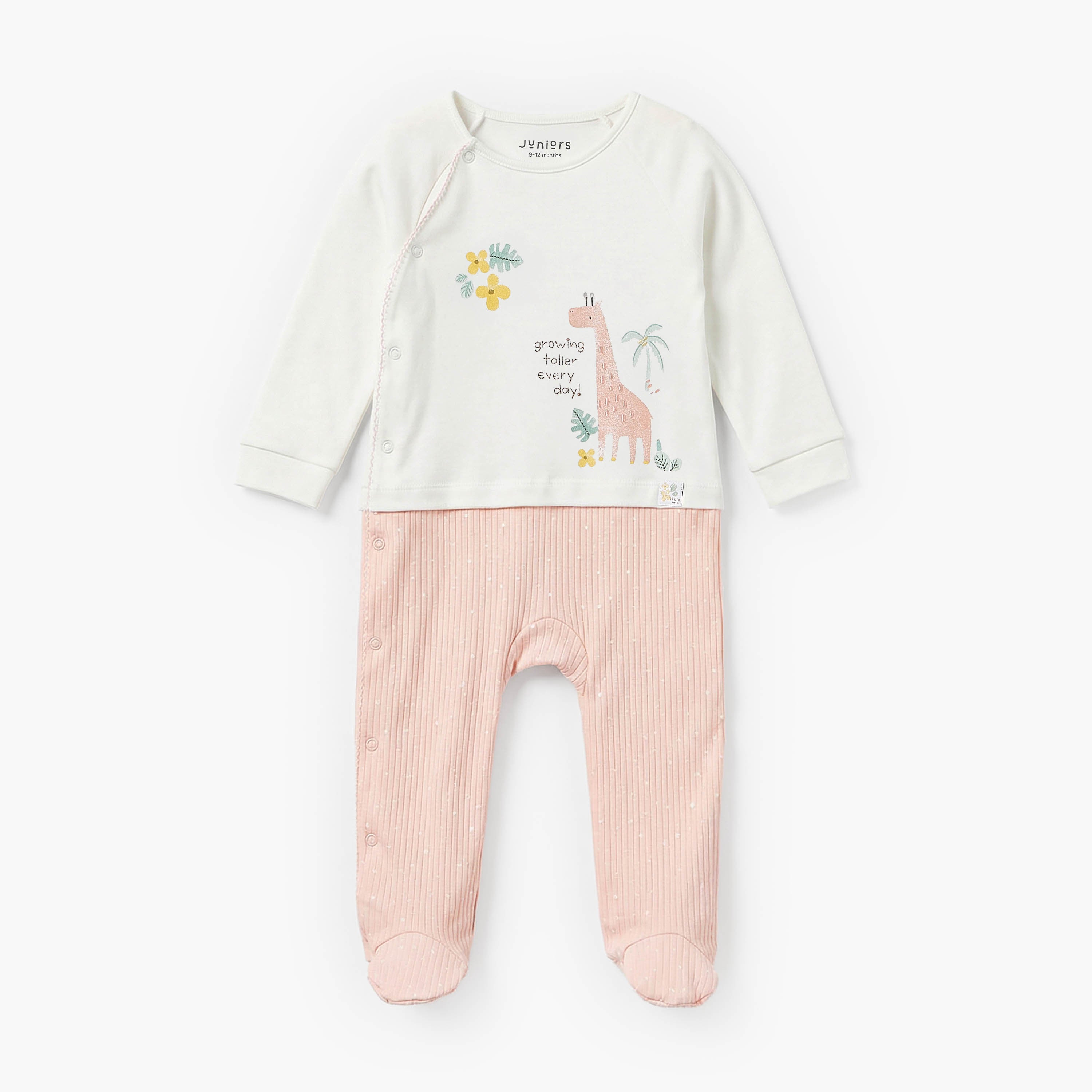 Juniors Cotton Round Neck Long Sleeves Sleepsuit with Giraffe Embroidery - Peach / 9-12 mths
