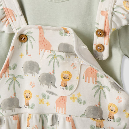Juniors Round Neck Short Sleeves T-shirt and Dungaree Set with Safari Print