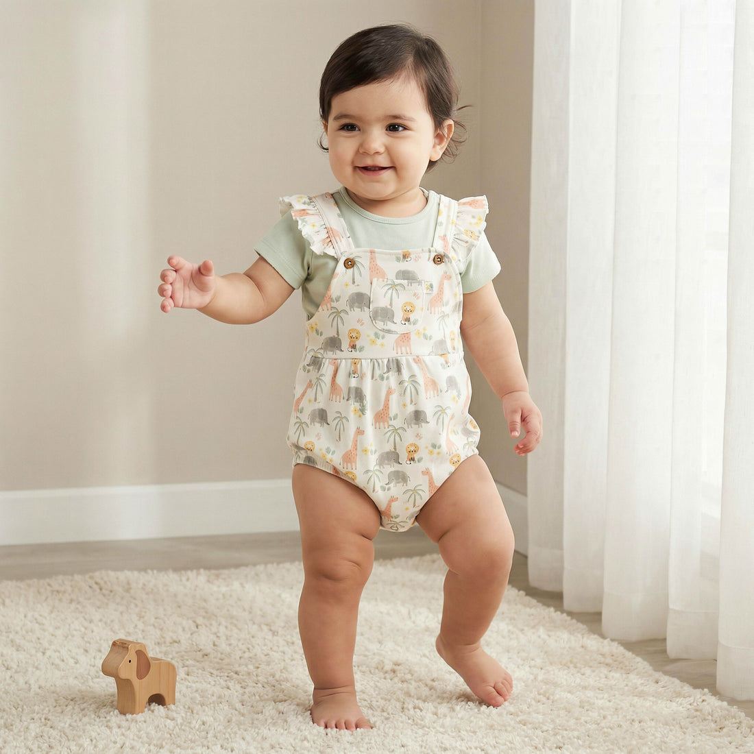 Juniors Round Neck Short Sleeves T-shirt and Dungaree Set with Safari Print - Pink / 12-18 mths