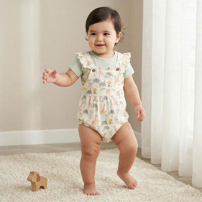 Juniors Round Neck Short Sleeves T-shirt and Dungaree Set with Safari Print - Pink / 12-18 mths
