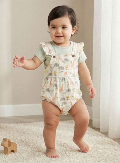 Juniors Round Neck Short Sleeves T-shirt and Dungaree Set with Safari Print-baby-girls-clothing-setsandcoords-image-1