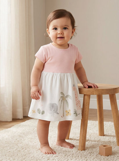 Juniors Round Neck Short Sleeves A-line Dress with Safari Print-baby-girls-clothing-dressesandjumpsuits-image-1