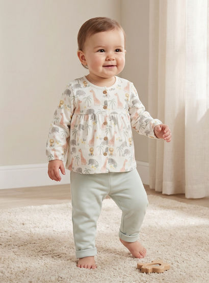 Juniors Cotton Round Neck Long Sleeves Pyjama Set with Safari Print-baby-girls-clothing-nightwear-pyjamasets-image-1