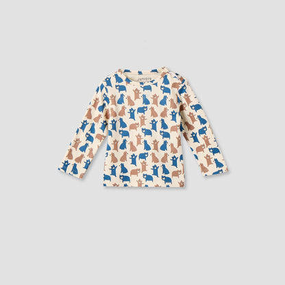 Juniors Cotton Crew Neck Long Sleeves Pyjama Set with Bear Print