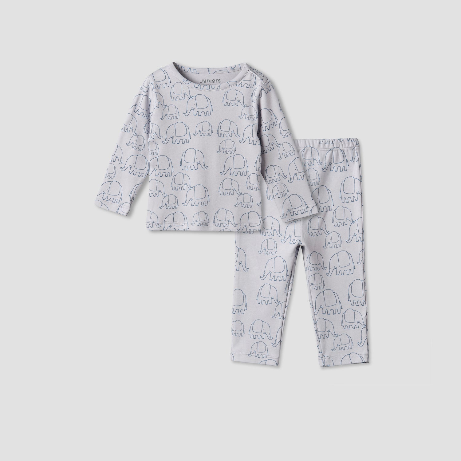 Juniors Cotton Round Neck Long Sleeves Pyjama Set with Elephant Print - Grey / 12-18 mths
