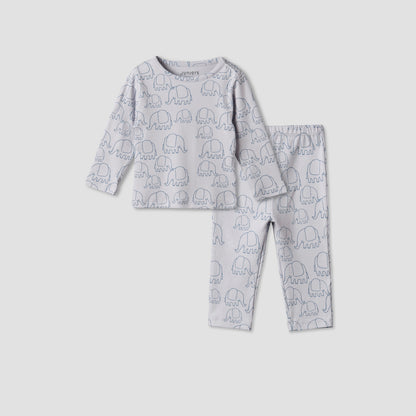 Juniors Cotton Round Neck Long Sleeves Pyjama Set with Elephant Print - Grey / 12-18 mths