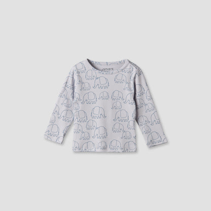 Juniors Cotton Round Neck Long Sleeves Pyjama Set with Elephant Print