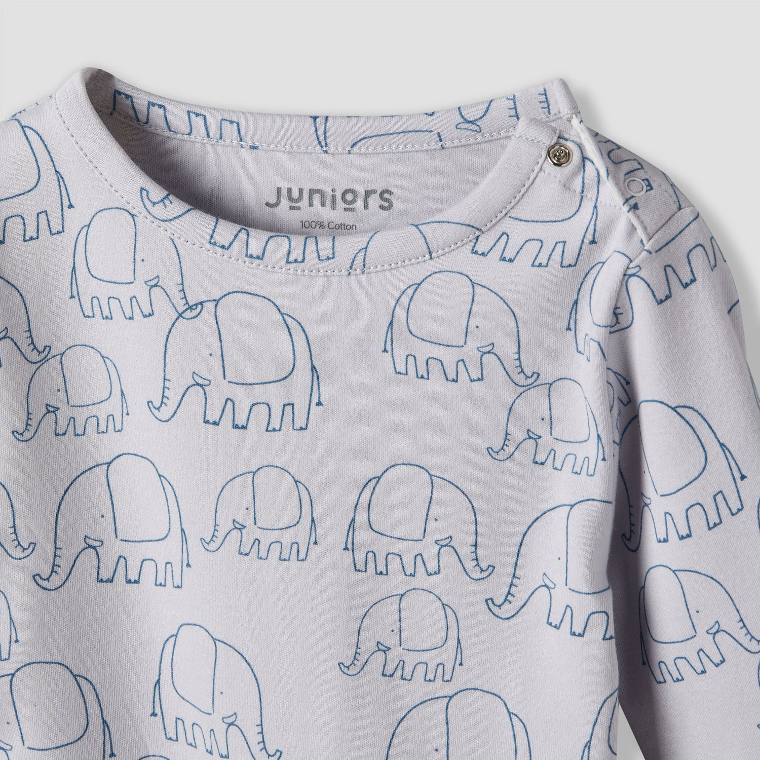 Juniors Cotton Round Neck Long Sleeves Pyjama Set with Elephant Print