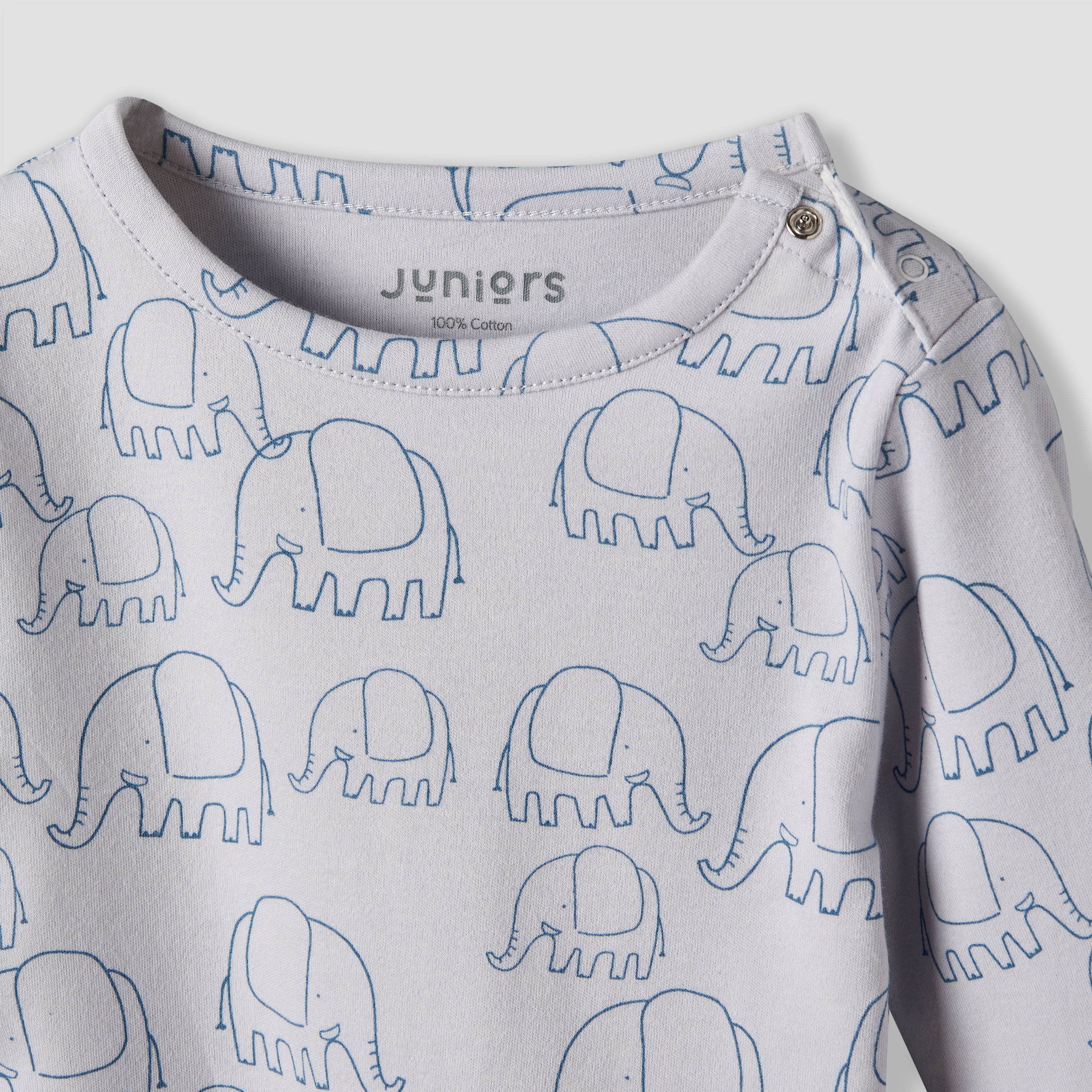 Juniors Cotton Round Neck Long Sleeves Pyjama Set with Elephant Print