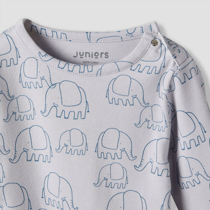 Juniors Cotton Round Neck Long Sleeves Pyjama Set with Elephant Print