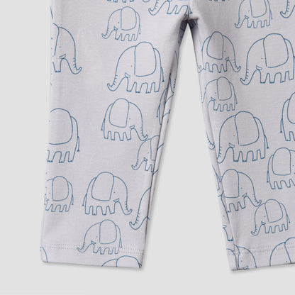 Juniors Cotton Round Neck Long Sleeves Pyjama Set with Elephant Print