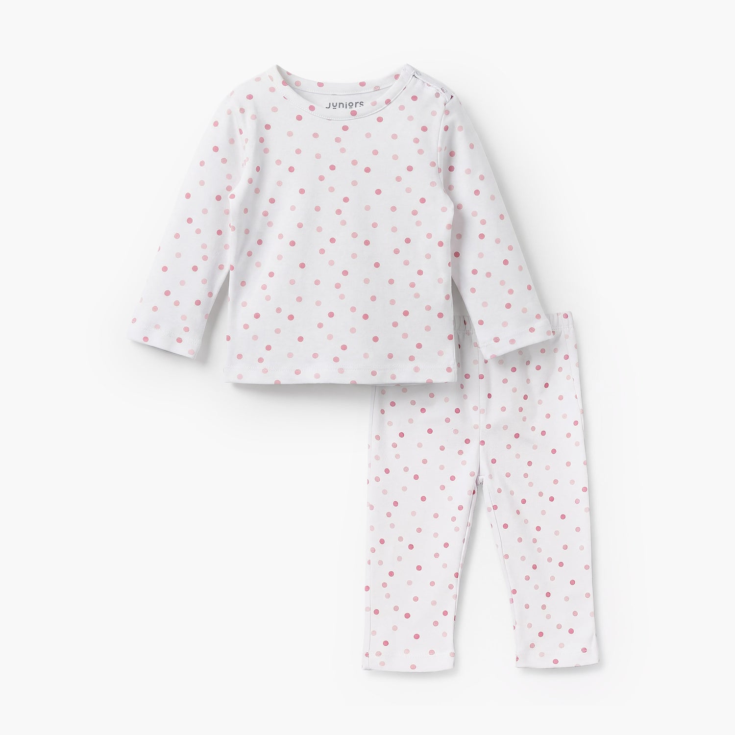 Juniors Cotton Round Neck Long Sleeves Pyjama Set with Polka Dot Print - White / 12-18 mths