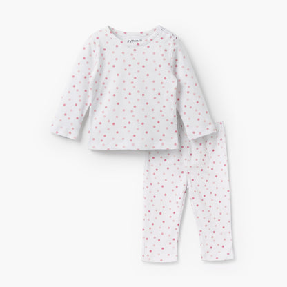 Juniors Cotton Round Neck Long Sleeves Pyjama Set with Polka Dot Print - White / 12-18 mths
