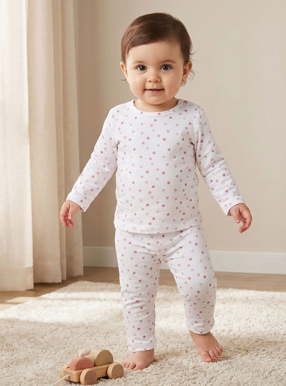 Juniors Cotton Round Neck Long Sleeves Pyjama Set with Polka Dot Print-baby-girls-clothing-nightwear-pyjamasets-image-1