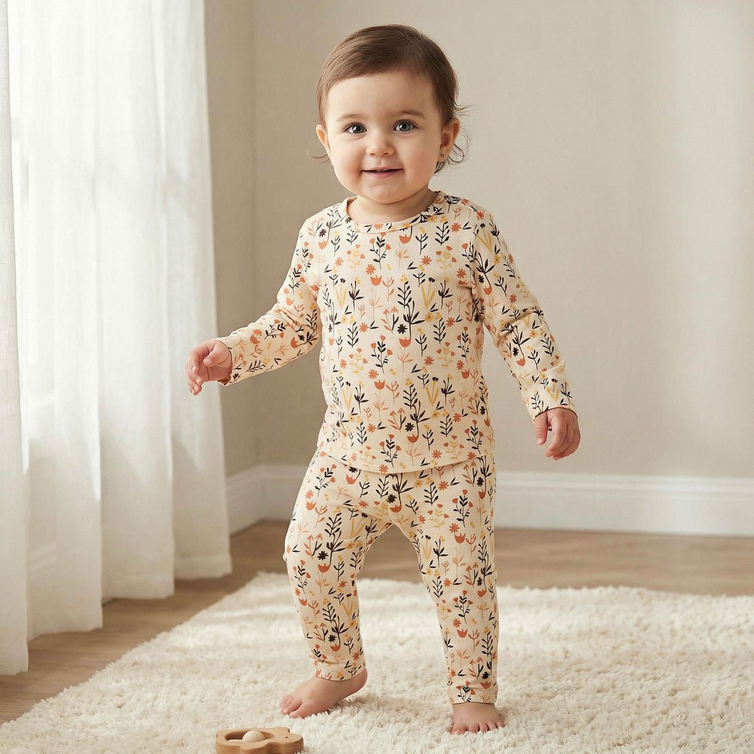 Juniors Cotton Round Neck Long Sleeves Pyjama Set with Floral Print - Beige / 18-24 mths