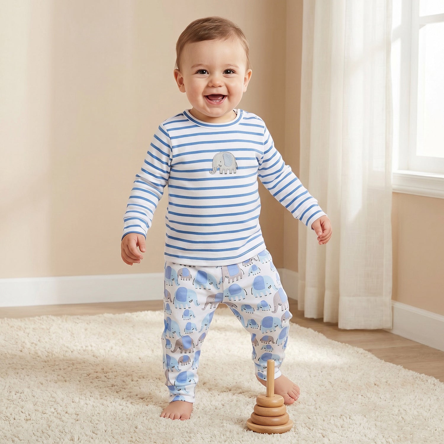 Juniors Cotton Crew Neck Long Sleeves Pyjama Set with Elephant Print - White / 18-24 mths