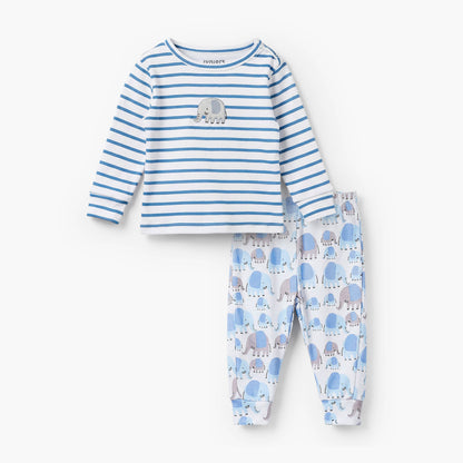Juniors Cotton Crew Neck Long Sleeves Pyjama Set with Elephant Print