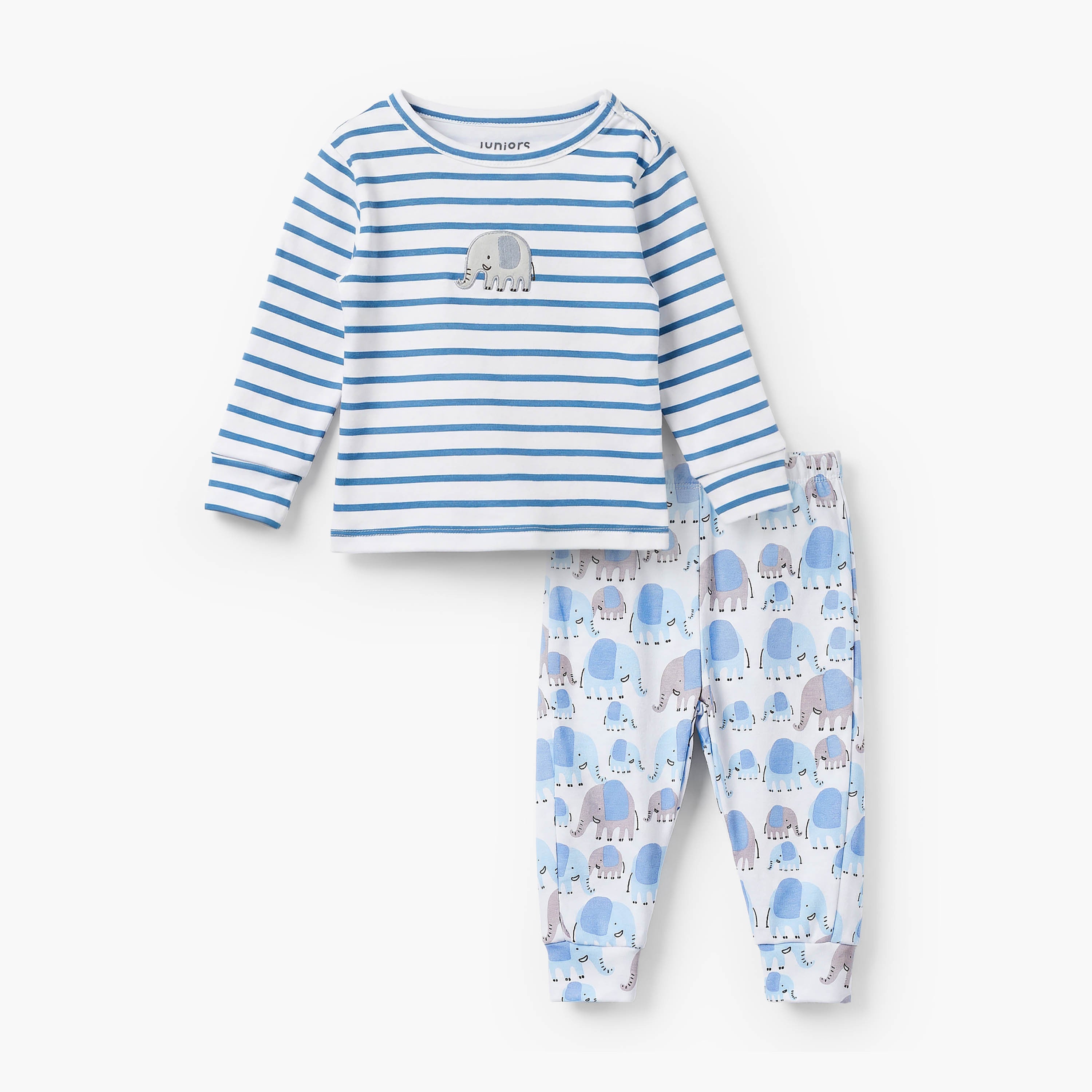 Juniors Cotton Crew Neck Long Sleeves Pyjama Set with Elephant Print
