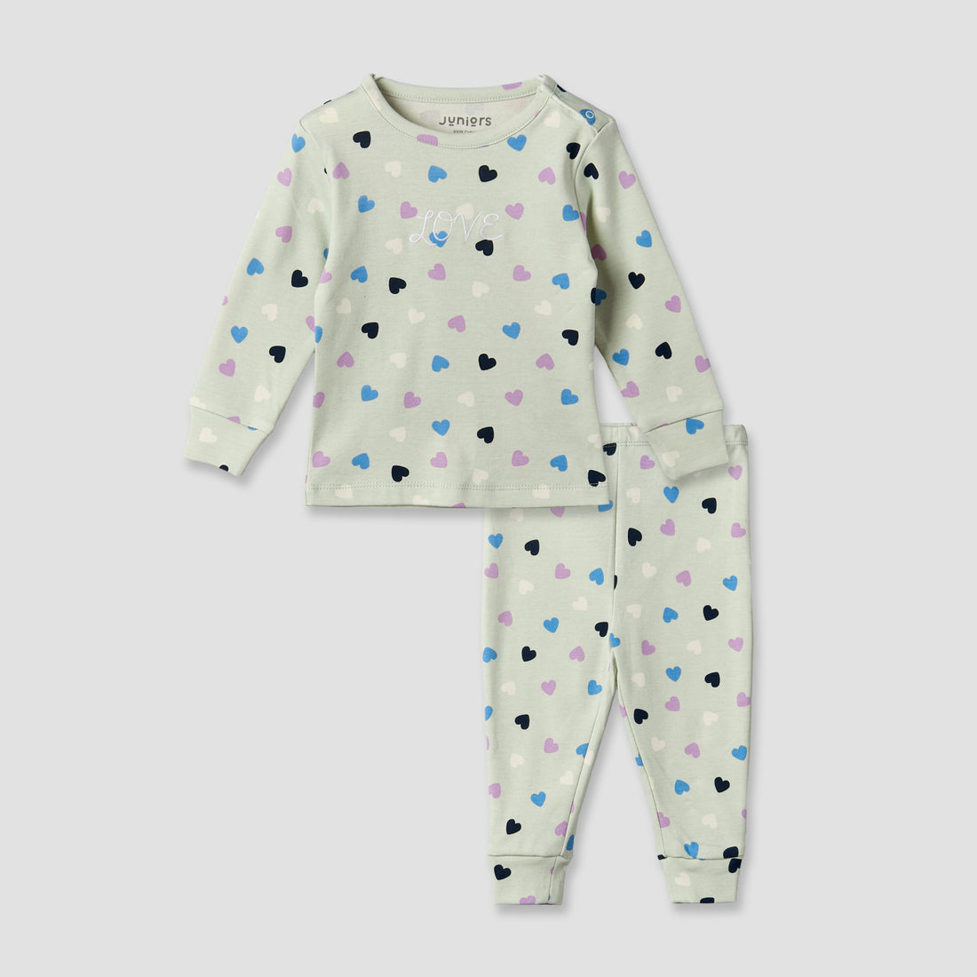 Juniors Cotton Round Neck Long Sleeves Pyjama Set with Heart Print