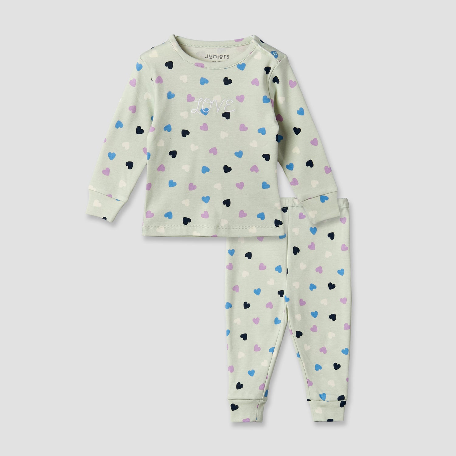 Juniors Cotton Round Neck Long Sleeves Pyjama Set with Heart Print