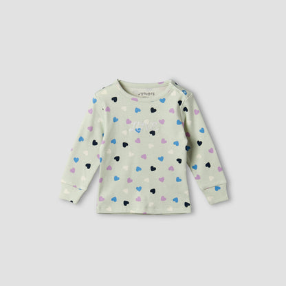 Juniors Cotton Round Neck Long Sleeves Pyjama Set with Heart Print