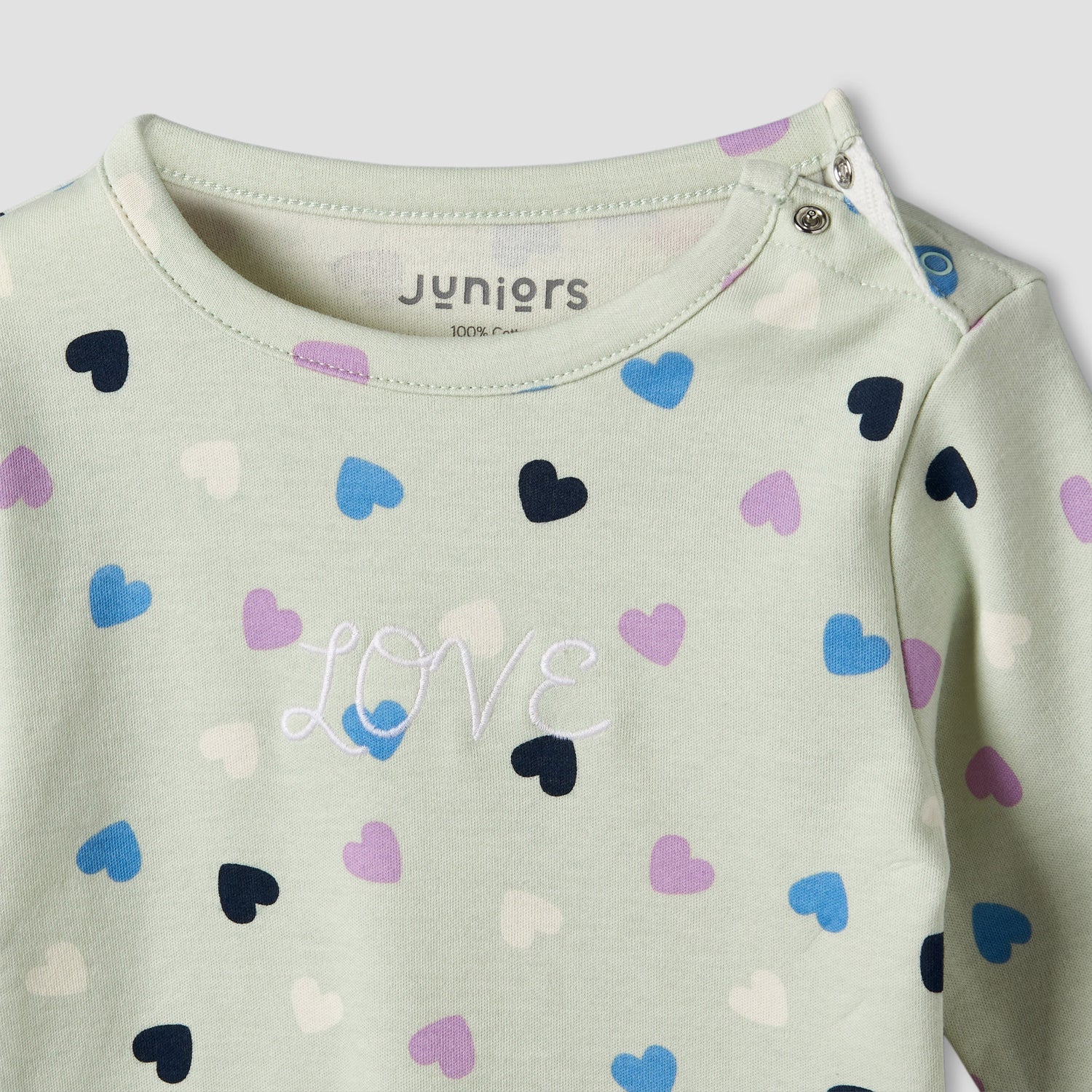 Juniors Cotton Round Neck Long Sleeves Pyjama Set with Heart Print