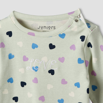 Juniors Cotton Round Neck Long Sleeves Pyjama Set with Heart Print